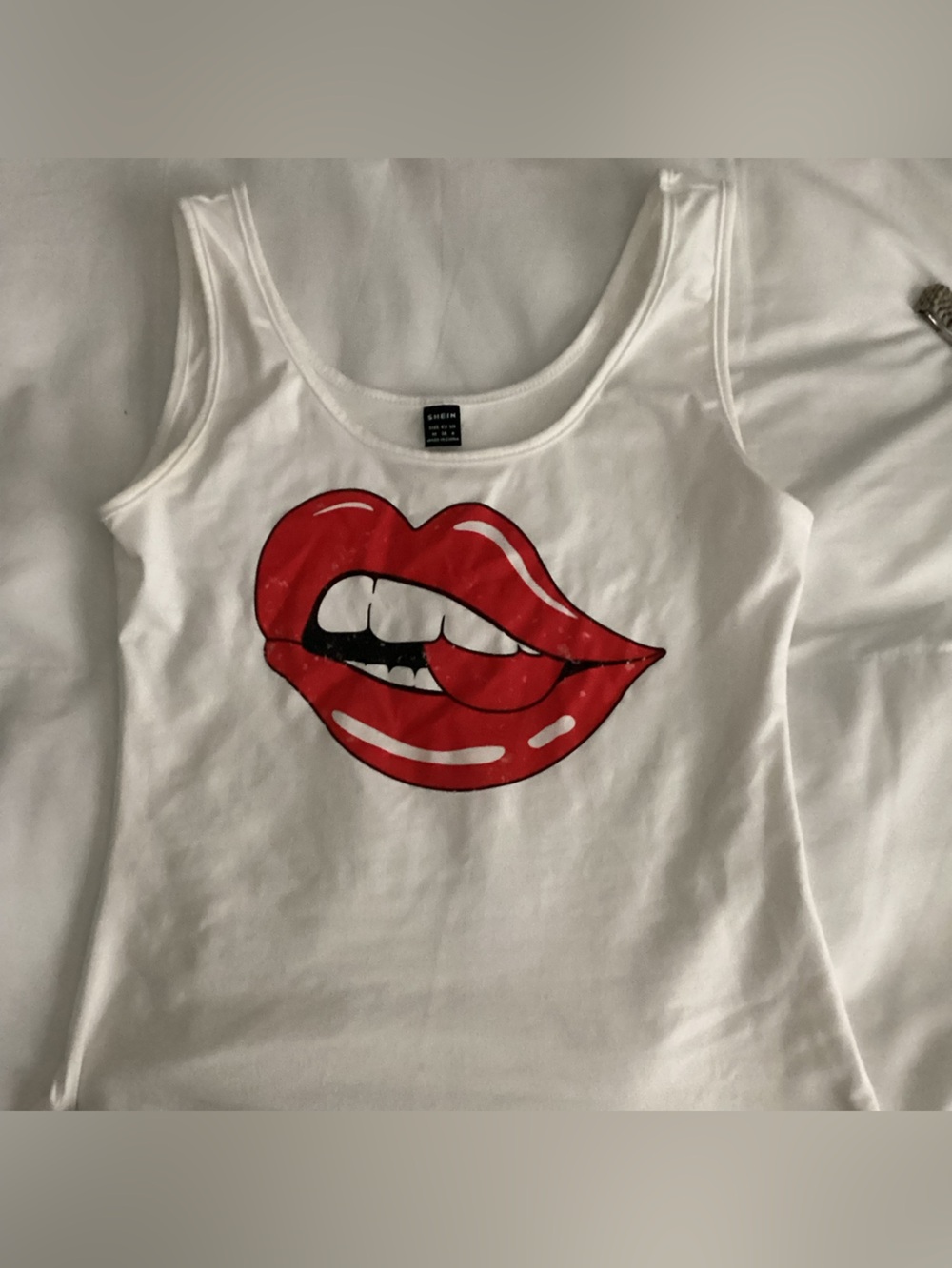 SHEIN White Tank Top with Red Lip Graphic